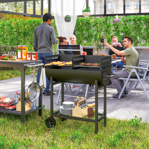 Outsunny Steel 2-Grill Charcoal BBQ w/ Wheels Black