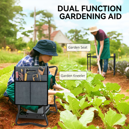 Outsunny Garden Kneeler Foldable Seat Bench EVA Foam Pad with Tool Bag Pouch